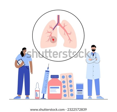 Bronchoscopy procedure. Pulmonologist uses a bronchoscope through trachea into the lung. Respiratory system diseases and treatment. Endobronchial ultrasound bronchoscopy diagnostic vector illustration