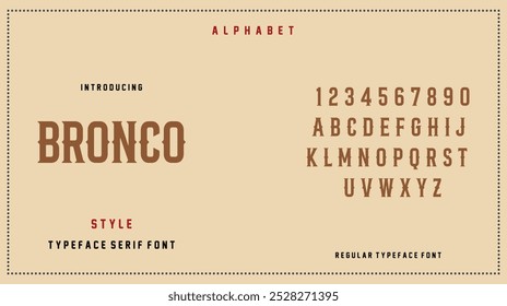 Bronco Classic fuente. Alfabeto clásico de tipografía occidental para logotipos y marcas temáticas occidentales.