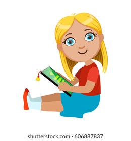 Brond Girl Sitting Reading Electronic Book, Part Of Kids And Modern Gadgets Series Of Vector Illustrations