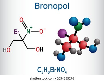 Bronopol molecule. It is preservative, is used as a microbicide or microbiostat. Structural chemical formula and molecule model. Vector illustration