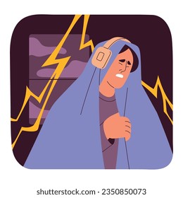 Brontophobia, phobia of thunderstorm concept. Scared person hid under blanket with headphones from lightning, thunder. Irrational suffer, psychology of fear, mental disorders. Flat vector illustration