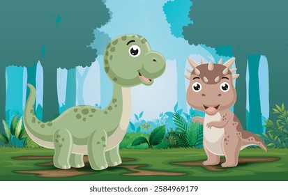 Brontosaurus and Ankylosaurus cartoon in the jungle