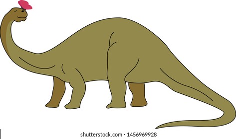 Brontosaurus With Butterfly, Illustration, Vector On White Background.