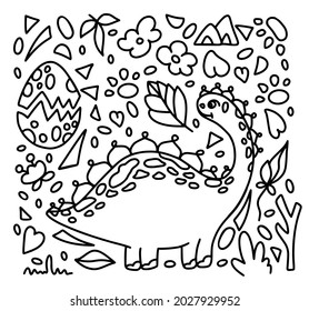 Brontosaurus dino in cute hand drawn style isolated on white background with decor elements, dino clipart collection of cartoon animals for color book, nursery, poster and  card. Vector illustration