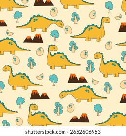 brontosaurus dinosaur vector cartoon illustration cute seamless pattern design yellow for kids apparel fullprint fabric. This design is suitable for children's clothing textile industry