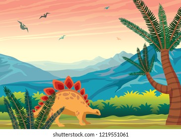 Brontosaurus and green fern. Prehistoric landscape with silhouette of dinosaurs ,blue mountains and sunset sky. Vector nature illustration of extinct animals. 