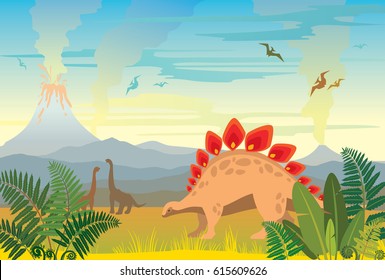 Brontosaurus and green fern. Prehistoric landscape with silhouette of dinos (pterodactyl and diplodocus), volcano, mountains and smoked sea. Vector illustration of extinct animals. 