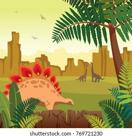 Brontosaurus and green fern. Prehistoric landscape with silhouette of dinos (pterodactyl and diplodocus), mountains, green fern and yellow sky. Vector illustration with extinct animals - dinosaurs.