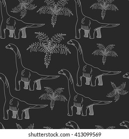 Brontosaurus seamless chalk predator vector illustration. Black and white lines