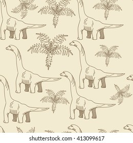 Brontosaurus seamless retro predator vector illustration. Black and white lines