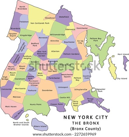 The Bronx (Bronx County) neighborhoods map. New York City. Colored. Vectored