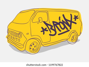 Bronx Graffiti Tagged Yellow American Muscle Van Hand Drawn Lettering for t shirt or sticker  Vector Illustration