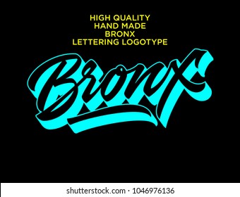 Bronx hand made calligraphic lettering logo in dynamic neon style. Typographic design work for t-shirts, greetings, advertising. New York city theme in original self-made style with eye-catching color