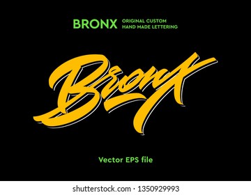 Bronx hand made calligraphic lettering logo in dynamic style. Typographic design work for t-shirts, greetings, advertising. New York city theme in original self-made style with eye-catching color