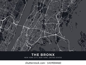 The Bronx map. Dark poster with map of The Bronx borough (New York, United States). Highly detailed map of The Bronx with water objects, roads, railways, etc. Printable poster.