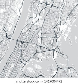 The Bronx map. Light map of The Bronx borough (New York, United States). Highly detailed map of The Bronx with water objects, roads, railways, etc.