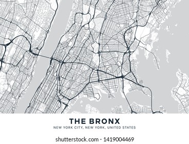 The Bronx map. Light poster with map of The Bronx borough (New York, United States). Highly detailed map of The Bronx with water objects, roads, railways, etc. Printable poster.
