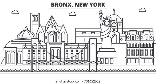 Bronx, New York architecture line skyline illustration. Linear vector cityscape with famous landmarks, city sights, design icons. Landscape wtih editable strokes