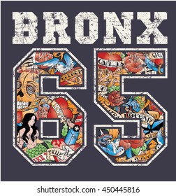 Bronx new york , artwork for boy t shirt with tattoo old school pattern, grunge effect in separate layer