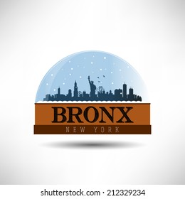 Bronx, New York, United States Of America City Skyline Silhouette In Snow Globe. Vector Design.