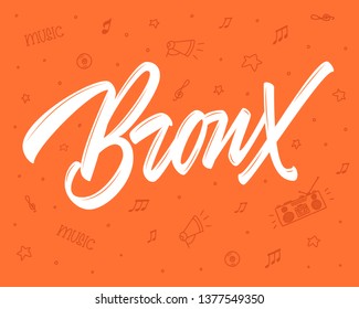 Bronx vector lettering sign with music icons on orange background