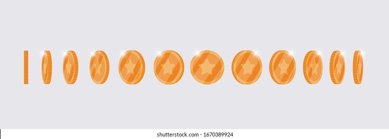 Bronze 3d coin turn around different position set for game or apps animation. Bingo jackpot casino poker win rotation metal elements. Cash treasure concept flat vector illustration