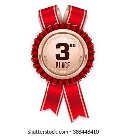 Bronze 3rd place rosette, badge with red ribbon on white background