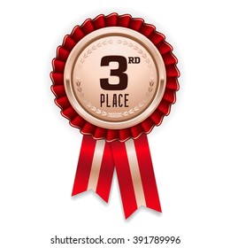 Bronze 3rd place rosette, badge with red ribbon on white background