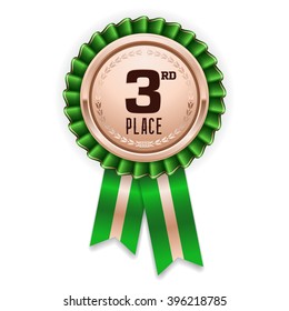 Bronze 3rd place rosette, badge with green ribbon on white background