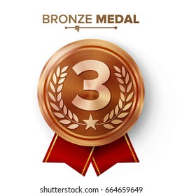 Bronze 3st Place Medal Vector. Metal Realistic Badge With Third Placement Achievement. Round Label With Red Ribbon, Laurel Wreath, Star. Winner Honor Prize. Competition Game Bronze Winner Trophy Award