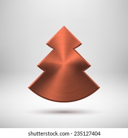 Bronze abstract Christmas tree sign, blank button template with metal texture (chrome, steel, copper), realistic shadow and light background for user interfaces, UI and applications, apps. Vector.