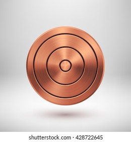 Bronze abstract circle geometric badge, technology perforated button template with metal texture, chrome, silver, steel, copper and realistic shadow for logo, design, web, apps. Vector illustration.