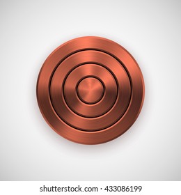 Bronze abstract circle geometric badge, technology perforated button template with metal texture, chrome, silver, steel, copper and realistic shadow for logo, design, web, apps. Vector illustration.