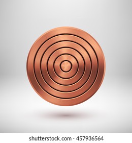 Bronze abstract circle geometric badge, technology perforated button template with metal texture, chrome, silver, steel, copper and realistic shadow for logo, design, web, apps. Vector illustration.