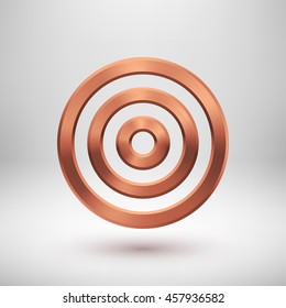 Bronze abstract circle geometric badge, technology perforated button template with metal texture, chrome, silver, steel, copper and realistic shadow for logo, design, web, apps. Vector illustration.