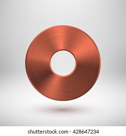 Bronze abstract donut, ring geometric badge, technology button template with metal texture, chrome, silver, steel, copper and realistic shadow for logo, design concepts, web, apps. Vector illustration
