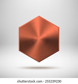 Bronze abstract polygon, hex badge, technology blank button template with metal texture (chrome, steel), realistic shadow and light background for interfaces, applications, apps. Vector illustration.