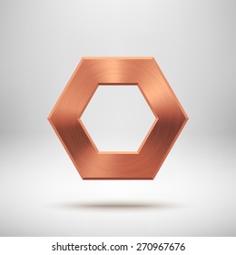 Bronze abstract polygon, hex badge, technology blank button template with metal texture (chrome, steel), realistic shadow and light background for interfaces, applications, apps. Vector illustration.