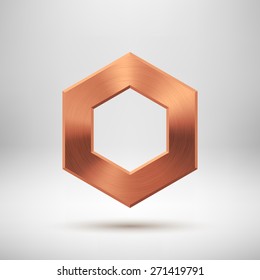 Bronze abstract polygon, hex badge, technology blank button template with metal texture (chrome, steel), realistic shadow and light background for interfaces, applications, apps. Vector illustration.