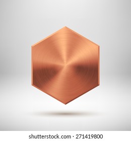 Bronze abstract polygon, hex badge, technology blank button template with metal texture (chrome, steel), realistic shadow and light background for interfaces, applications, apps. Vector illustration.