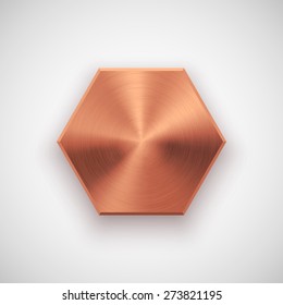 Bronze abstract polygon, hex badge, technology blank button template with metal texture (chrome, steel), realistic shadow and light background for interfaces, applications, apps. Vector illustration.