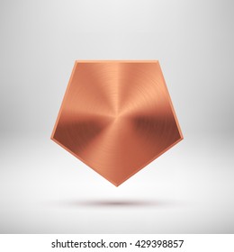 Bronze abstract polygon, hex badge, blank button template with metal texture, chrome, silver, steel, copper, rust and realistic shadow for logo, design concepts, prints, web. Vector illustration.