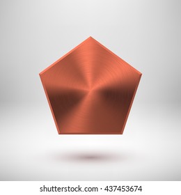 Bronze abstract polygon, hex badge, blank button template with metal texture, chrome, silver, steel, copper, rust and realistic shadow for logo, design concepts, prints, web. Vector illustration.