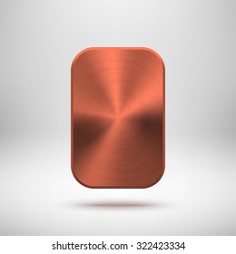 Bronze abstract rectangle badge, blank button template with metal texture (chrome, silver, steel), realistic shadow and light background for web, UI, applications and apps. Vector illustration.
