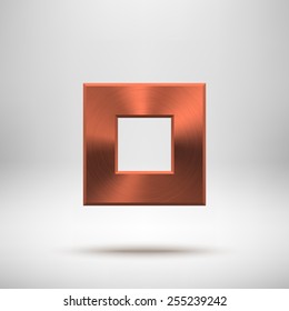 Bronze abstract square badge, technology blank button template with metal texture (chrome, steel), realistic shadow and light background for interfaces, UI, applications, apps. Vector illustration.