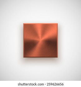 Bronze abstract square badge, technology blank button template with metal texture (chrome, steel), realistic shadow and light background for interfaces, UI, applications, apps. Vector illustration.