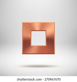 Bronze abstract square badge, technology blank button template with metal texture (chrome, steel), realistic shadow and light background for interfaces, UI, applications, apps. Vector illustration.