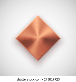 Bronze abstract square badge, technology blank button template with metal texture (chrome, steel), realistic shadow and light background for interfaces, UI, applications, apps. Vector illustration.