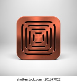 Bronze abstract technology app icon, button template with perforated speaker grill pattern, metal texture (chrome, steel) and realistic shadow for interfaces (UI) and applications (apps).