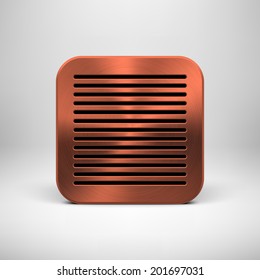 Bronze abstract technology app icon, button template with perforated speaker grill pattern, metal texture (chrome, steel) and realistic shadow for interfaces (UI) and applications (apps).
